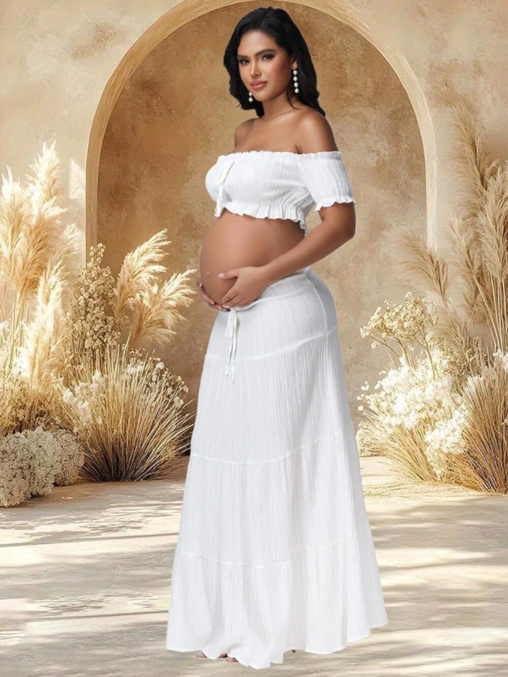 Maternity 2 Pieces Outfits Dress Boho Off Shoulder Ruffle, Long Skirt for Photos